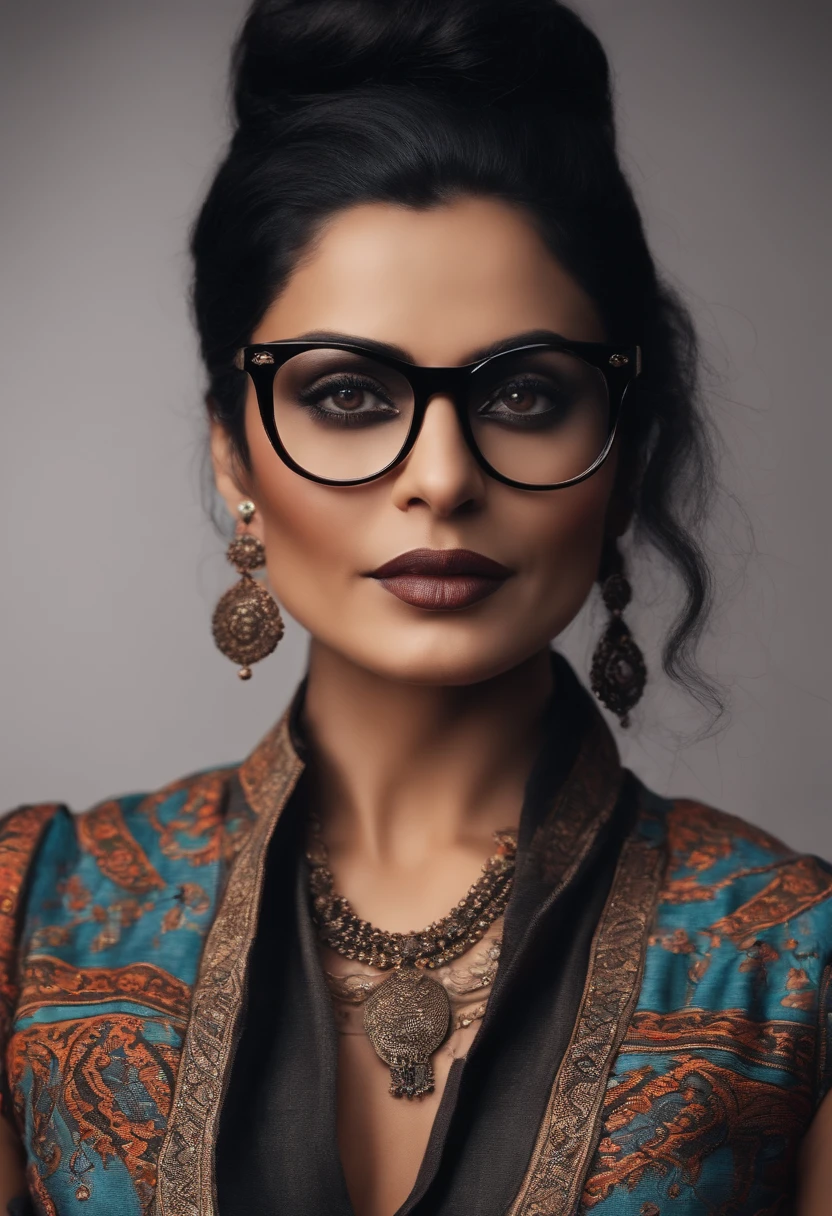 45 years old black hair with light brunette topknot with indian tattoo on left arm dark brown eyes with black square glasses