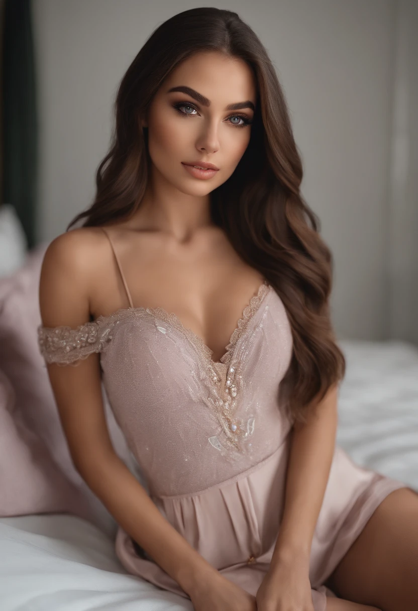 Arafed woman in full , Sexy girl with brown eyes, ultra realistis, Meticulous detail, portrait sophie mudd, brown hair and large eyes, selfie of a young woman, Dubai's Eyes, violet myers, no makeup, natural makeup, looking straight at camera, face with artgram, fine makeup, Stunning full-length shot, kneeling on bed, in bedroom, Medium to large size bust