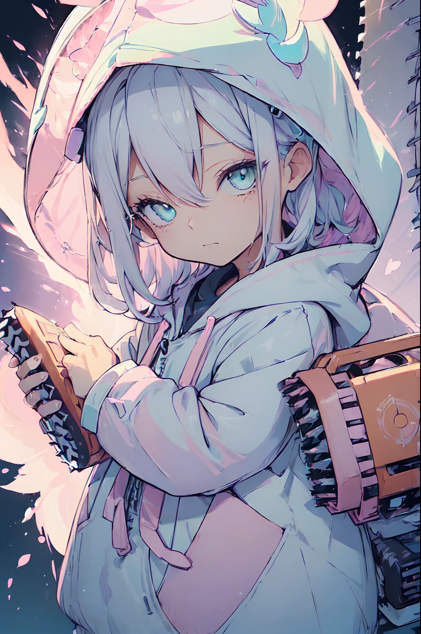 (Cute illustration:1.5),(pastel color:1.5),(Cute,kawaii,Dolce:1.2),(watercolor paiting:1.1),
1girl in,Solo,
oversized hooded jacket,
Full body,open stance,
BREAK
(A chainsaw that glows furiously:1.5)
(In his hand he holds a huge chainsaw:1.6),
(Huge and cute weapons , Huge and cute weapons:1.3),
break
Simple background,
bold outline,Flat color,fine outline,Pink outline,
nice hand, Perfect hands,Hold the chain perfectly、A chainsaw that glows furiously、Far-reaching、((Watching from a distance:1.3))、(wide angles)