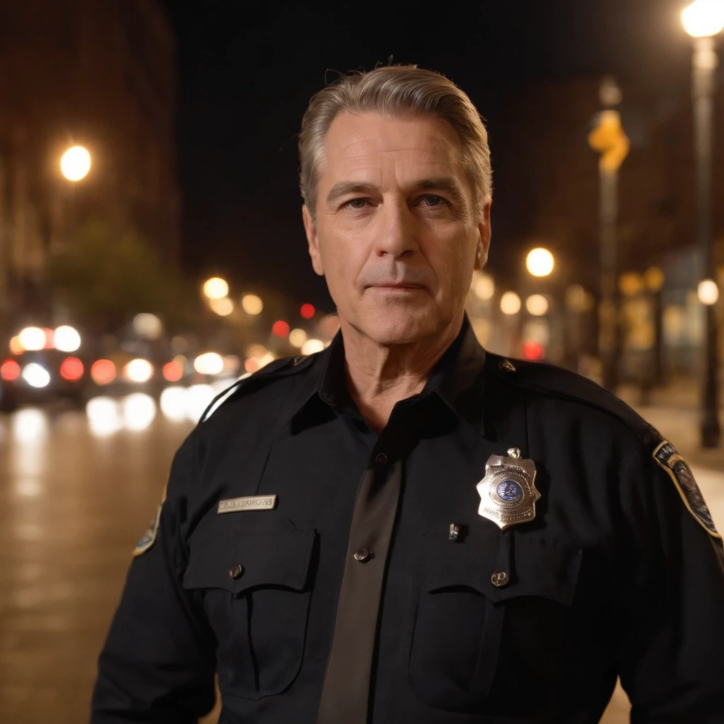 54 year old graying handsome full body man dressed black blouse written on the front of police shirt on a new york street at night night lighting, atirando, Buildings, carros de policia, luzes de policia, bandidos em fuga