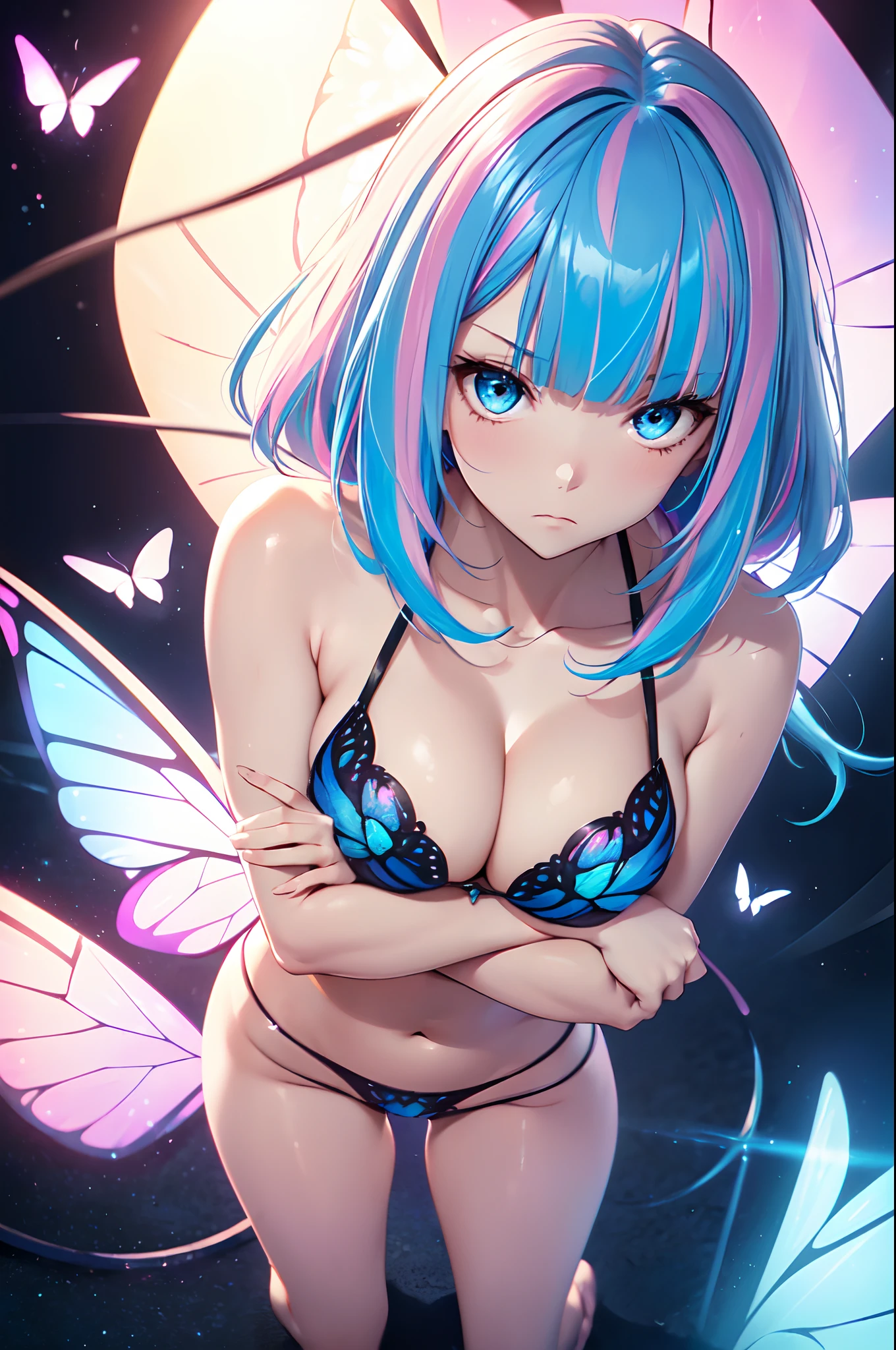 Illustration of a cute bikini model girl, (Anime style:1.2), masutepiece, Best Quality, ultra-detailliert, 4K, absurderes, hight resolution,(((masutepiece, Best Quality)))((masutepiece:1.5)), (Best High Quality, 超A high resolution, The ultra -The high-definition, 4K:1.3),((Perfect hands, Perfect fingers, Perfect legs)),1womanl, Looking at Viewer ,Full body shot, 20 years old, ((Light blue eyes)),((Round eyes)), Sweat, White skin, (((skinny))), Sweat,((Shiny body, Shiny skin,)), (((masutepiece, Best Quality)))((masutepiece:1.5)), (Best High Quality, 超A high resolution, The ultra -The high-definition, 4K:1.3), (((Blunt bangs:1.3))), (((Pink bob hair))), (((blue colored inner hair:1.3))),(((blue streaked hair:1.3))), ((Blue eyes)), ((White skin)),((((Shiny body, Shiny skin,)))), Dynamic Pose , fairy tail, (( Blue glowing eyes)), butterfly hair ornament, (((From  above))) , BREAK ,((Midnight)), panoramic shot , glowing butterflies, ((cleavage)), Bare shoulders, piece sign,Black Micro Bikini、Witch Bikini Night Color, fullmoon, City lights, Moonlight, ((Butterfly wings)), ((fly, Flying:1.2)), Opens mouth and laughs, Lots of glowing butterflies, flying butterflies, Perfect legs,((intricate designs)) BREAK, (a closeup), Being looked down on, look down from above、((Irritated)),(crossed arms),from above