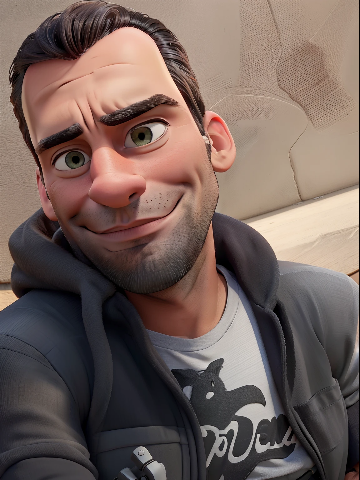 Jon Hamm, Cartoons in orange shirt and black pants, arms crossed, olhando para frente e sorrindo com os dentes aparecendo;