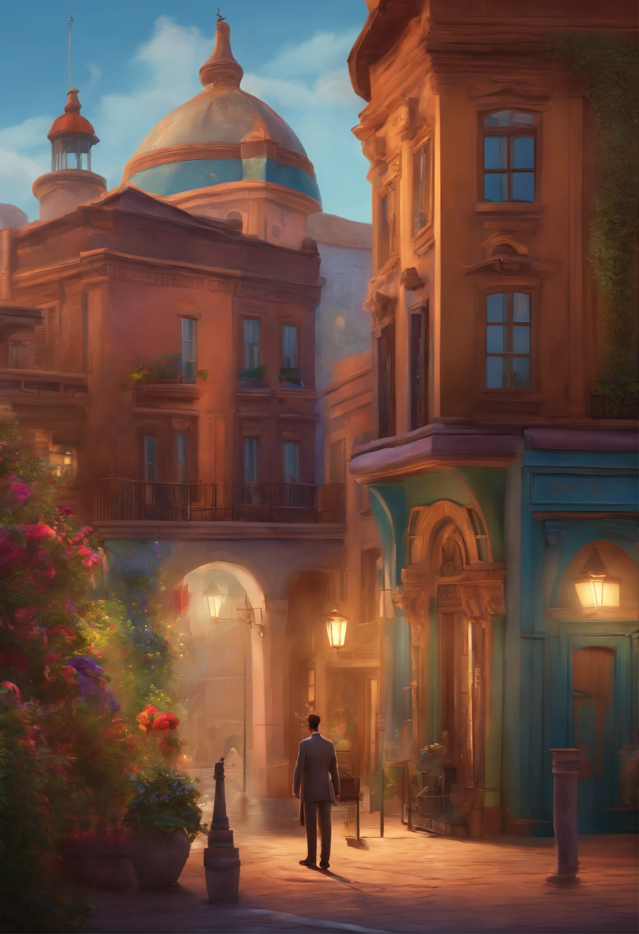 A city councilman looking at a dream project inspired by Pixar animation, de perto. The character takes center stage with captivating facial expressions, oferecendo um toque de irrealidade