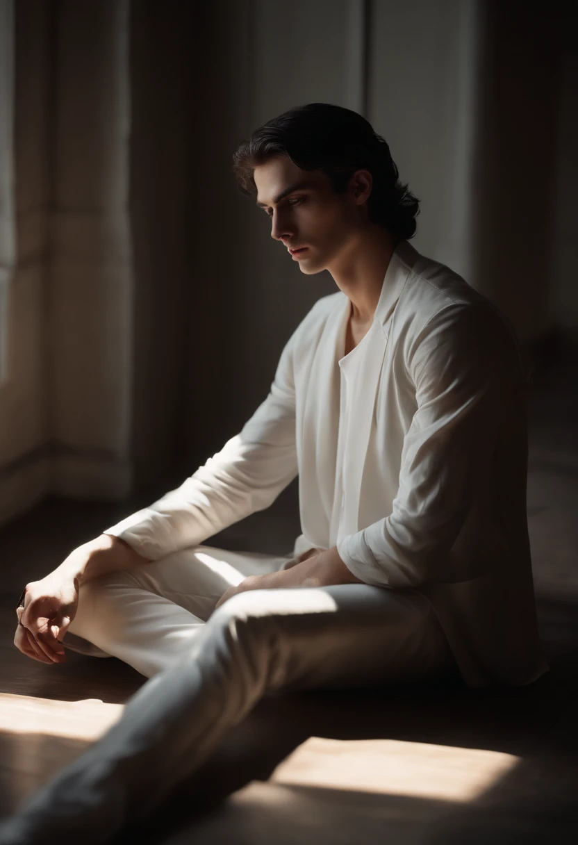 (best quality,4k,highres,masterpiece:1.2), ultra-detailed, painting-like, a slender, depressed and pale young man with a long and black hair dressed in white clothes while sitting in the corner of a blank room. melancholic look, detailed eyes, detailed lips, white clothes flowing, subtle shadows, atmospheric lighting, thought-provoking, introspective, moody ambiance, artistic photography, chiaroscuro effect, dramatic lighting, introspective mood, deep contemplation, minimalist setting, clean lines, blank walls, empty space, sense of solitude, calm and serene atmosphere.
