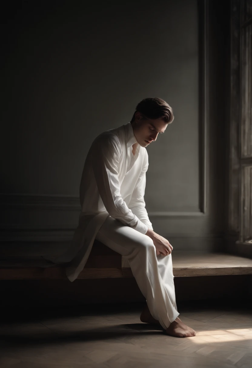 (best quality,4k,highres,masterpiece:1.2), ultra-detailed, painting-like, a slender, depressed and pale young man with a long and black hair dressed in white clothes while sitting in the corner of a blank room. melancholic look, detailed eyes, detailed lips, white clothes flowing, subtle shadows, atmospheric lighting, thought-provoking, introspective, moody ambiance, artistic photography, chiaroscuro effect, dramatic lighting, introspective mood, deep contemplation, minimalist setting, clean lines, blank walls, empty space, sense of solitude, calm and serene atmosphere.