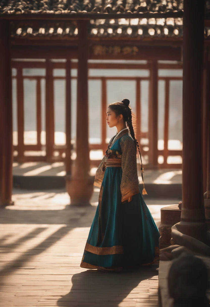 ((1girl)),((Building)), Braided bangs,braided ponytail,(sozinho:1.2), cabelos felpudos, 16 anos,Olhando para o Viewer, sunlight,Hanfu, Chengqiang,