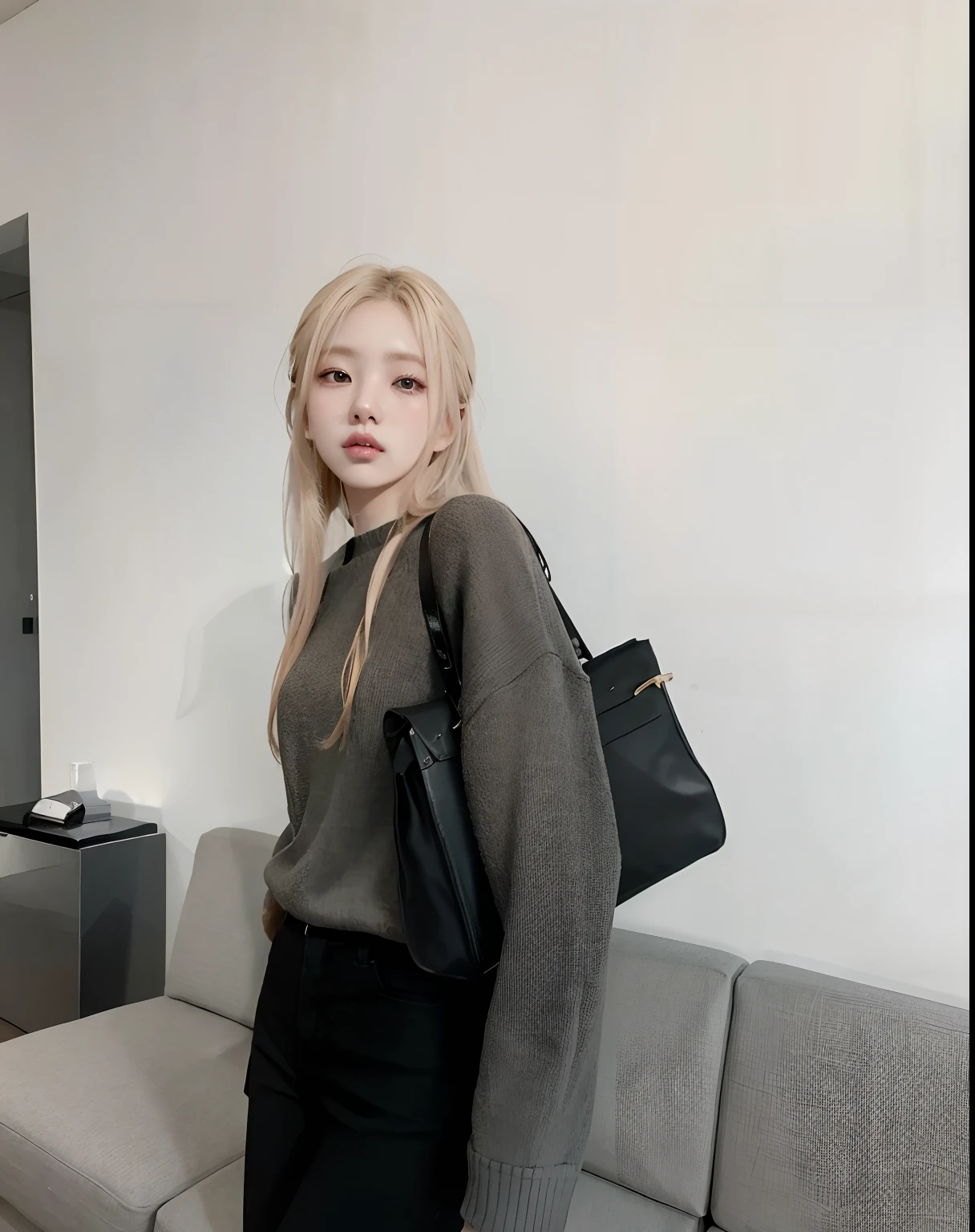 Blonde woman with long hair standing in front of a sofa, Eva Elfie, hyperrealistic aesthetic, inspirado por Zhang Xiaogang, Una colegiala hiperrealista, inspirado por Kim Tschang Yeul, con cabello largo y rubio, Como Garcon Campaign, inspirado en Wang E, Colegiala hiperrealista, she is facing the camera, inspirado por Gao Cen