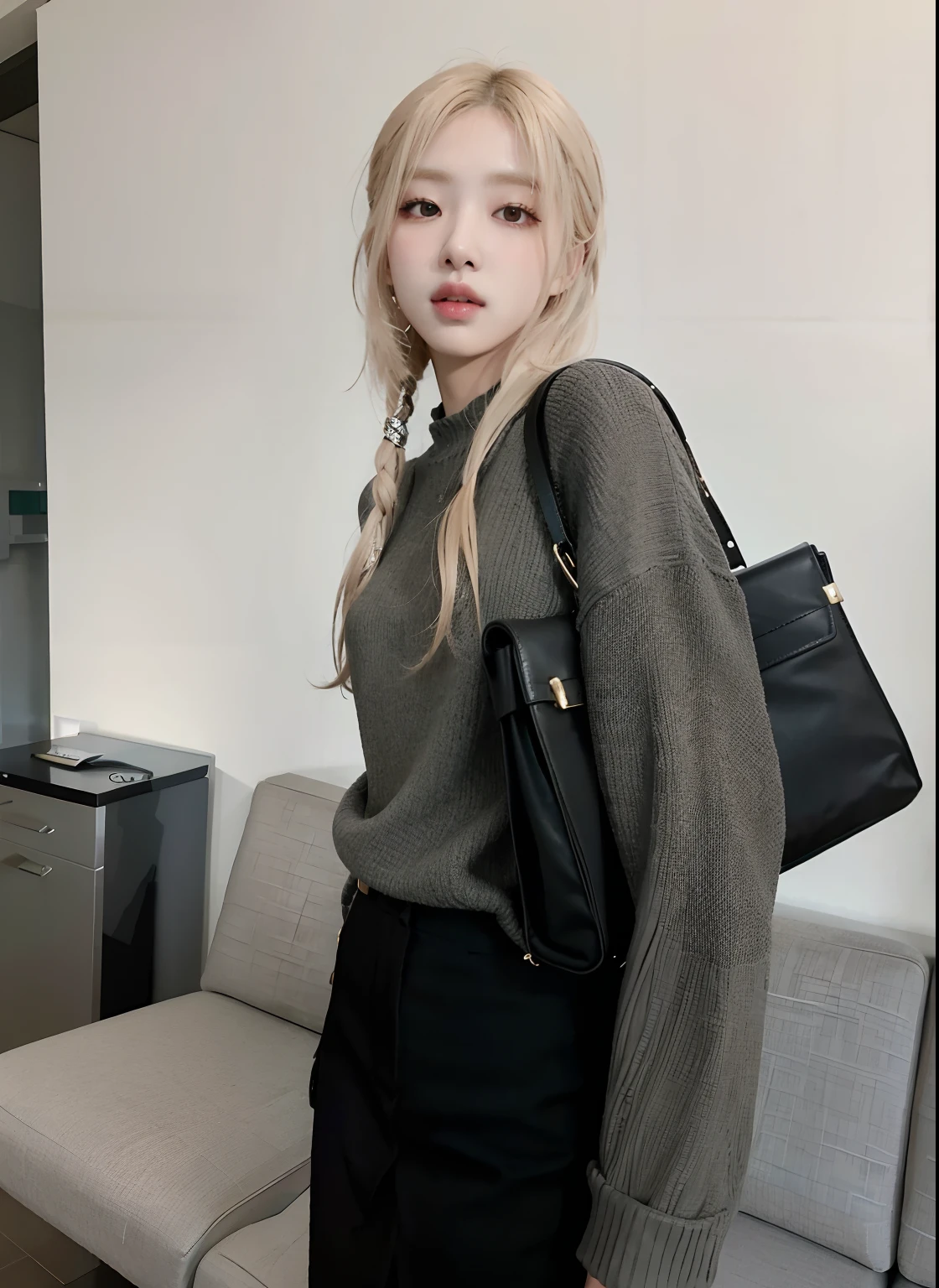 Blonde woman with long hair and a black bag standing in a room, Eva Elfie, Pose atractiva, Inspirado por Jeonseok Lee, Tomada con Sony Alpha 9, Vestido con ropa larga y fluida, inspirado por Kim Tschang Yeul, inspirado en Wang E, con dos bolsillos frontales, Bae Suzy, suave en _ Los antecedentes, pose casual, Ropa de oficina
