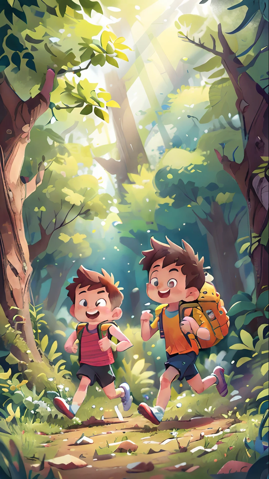 Poster design, (SFW), two running boys, spring outing, happy, backpack on back, forest in the background, perfect quality, clear focus, colorful, perfect face, intricate details, ultra-low viewing angle, wide angle lens