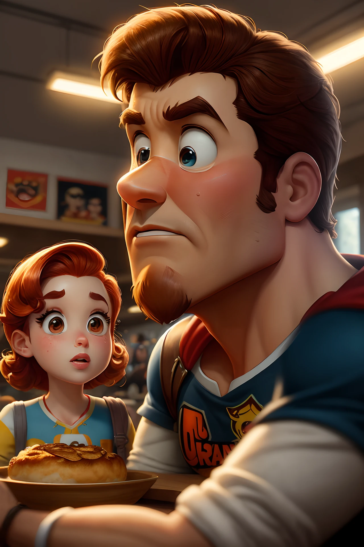 Poster Pixar homem branco careca com barba grande ao lado de uma mulher ruiva com cabelos lisos longos e ondulados em uma cafeteria