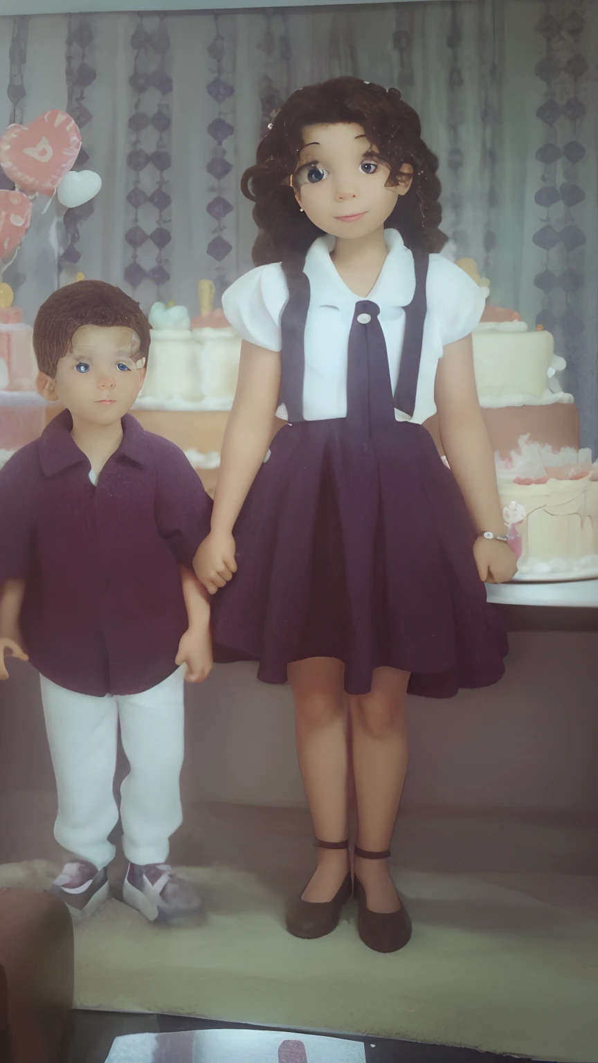 Boy holding hands with sister, with a birthday cake background, com o tema de Pica-Pau