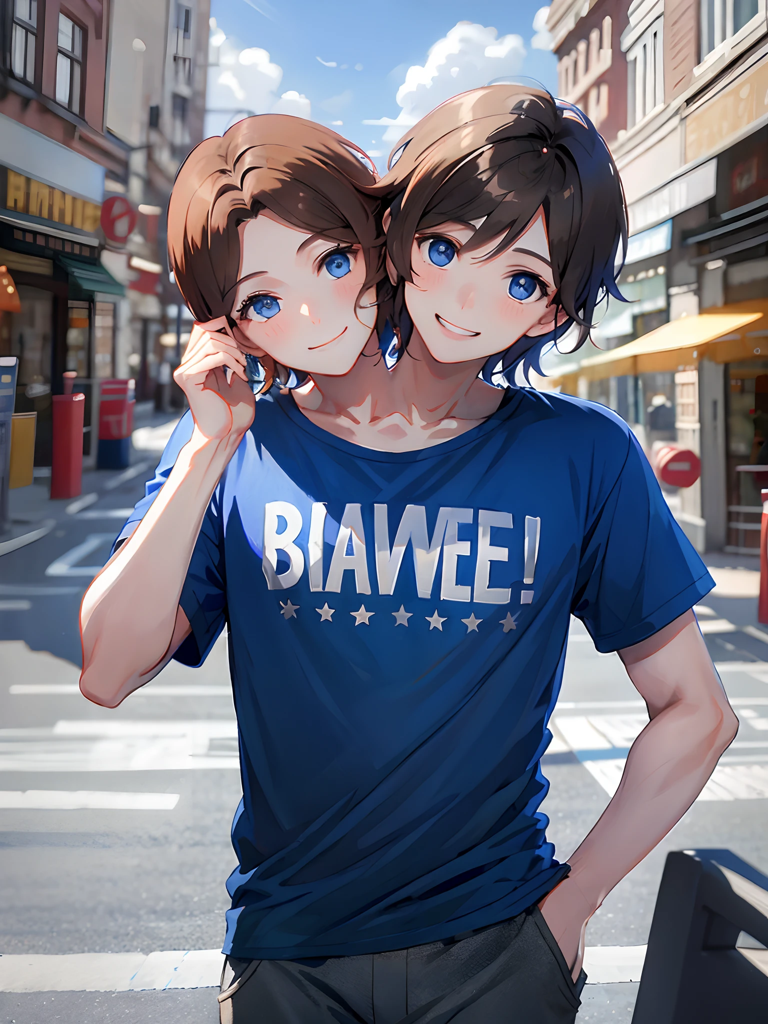 (2heads:1.5), 1boy, brown hair, disheveled hair, blue eyes, smiling at the viewer, watching the viewer approach, happy, love, blue t-shirt, brown short pants, city street