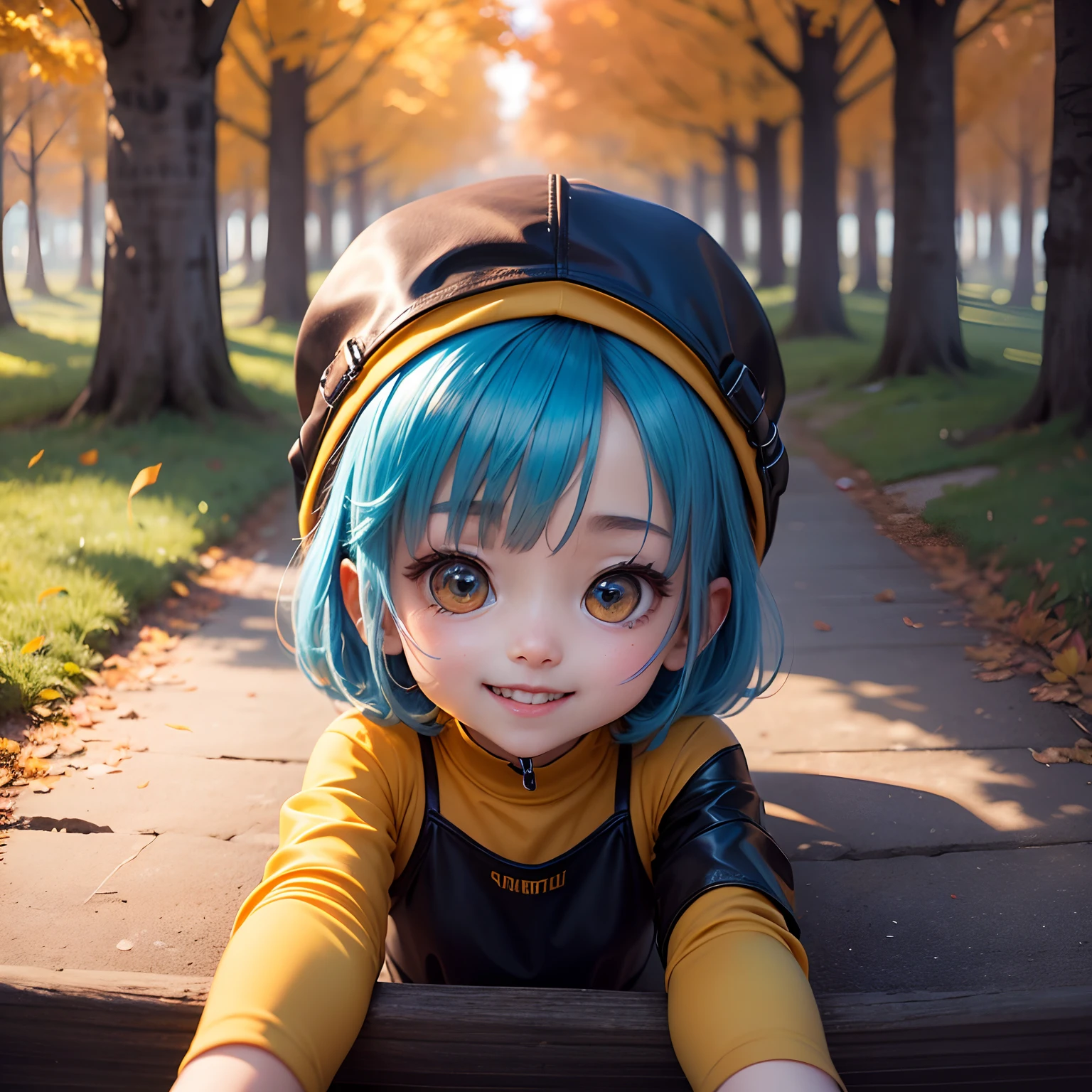 ​masterpiece、top-quality、ultra-detailliert、(Chibi Chara's Daughter:1.2)、Blue Bob、leather jackets、Black tank top at inner、もみじ柄🍁のミニプリーツスカート、(Wear orange-yellow tights:1.2)、Fairytale Autumn Forest、full bodyesbian、Open your mouth and smile、