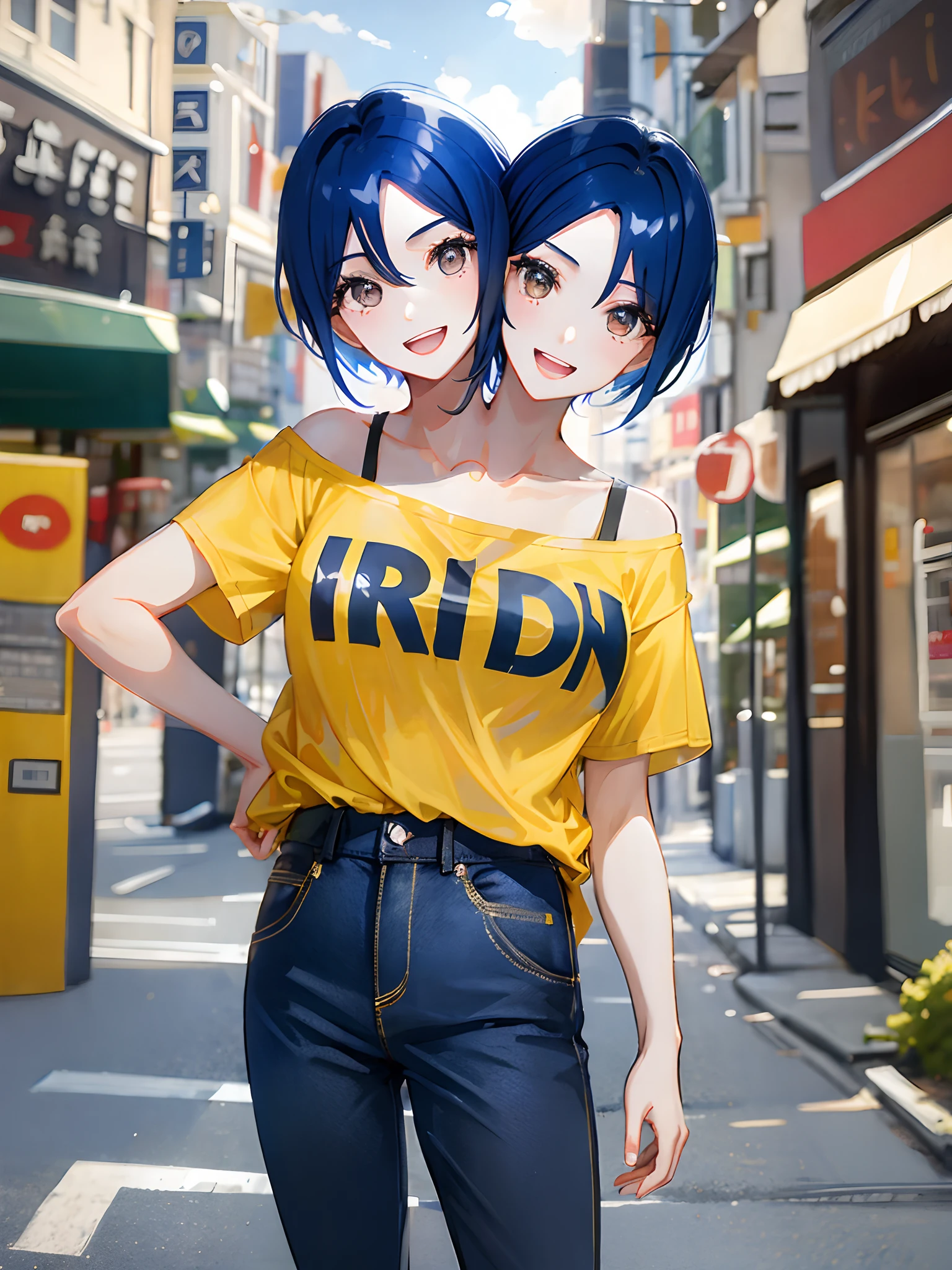 (2heads:1.5), 1girl, dark blue hair, short hair, brown eyes, open mouth, approaching the viewer, happy, love, yellow t-shirt, black long pants, city street