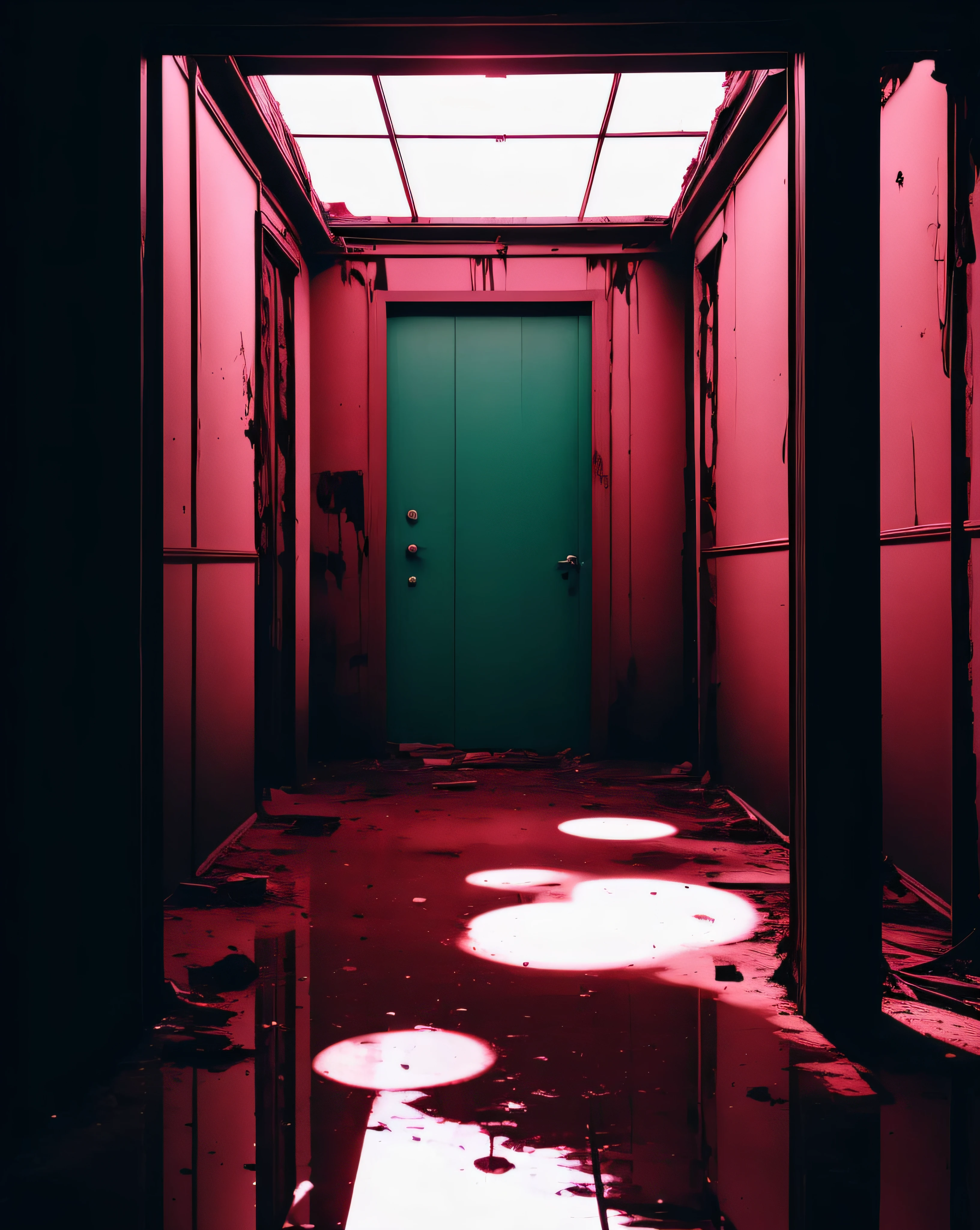 a door is open in a run down building , indoors, no humans, window, blood, scenery, door, horror (theme), hallway