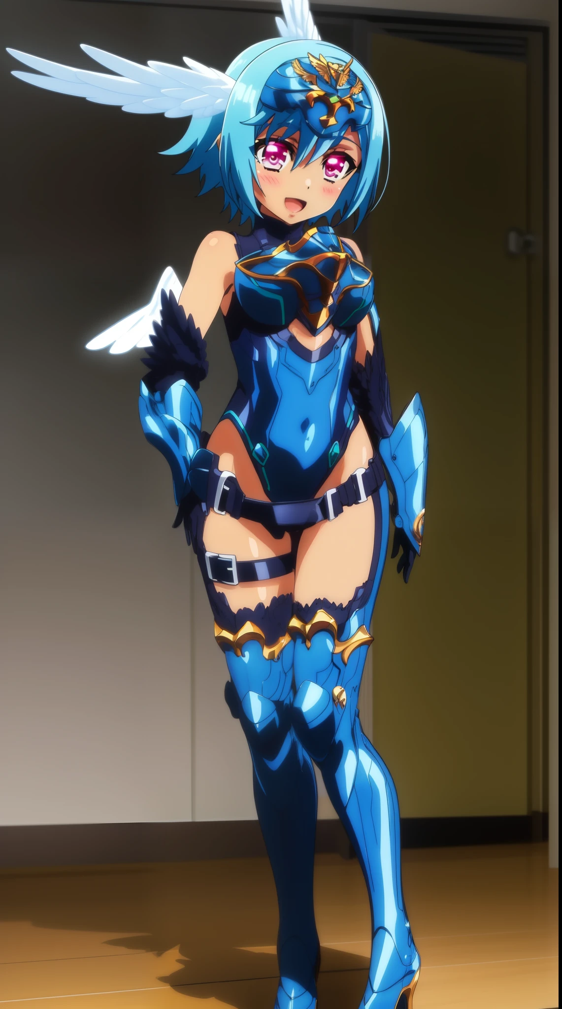 sandalphon (the seven heavenly virtues), masterpiece, best quality, 1girl, solo, short hair, blue hair, red eyes, blush, wings, open mouth, armor, gloves, head wings, full body, boots, white body suit, smile