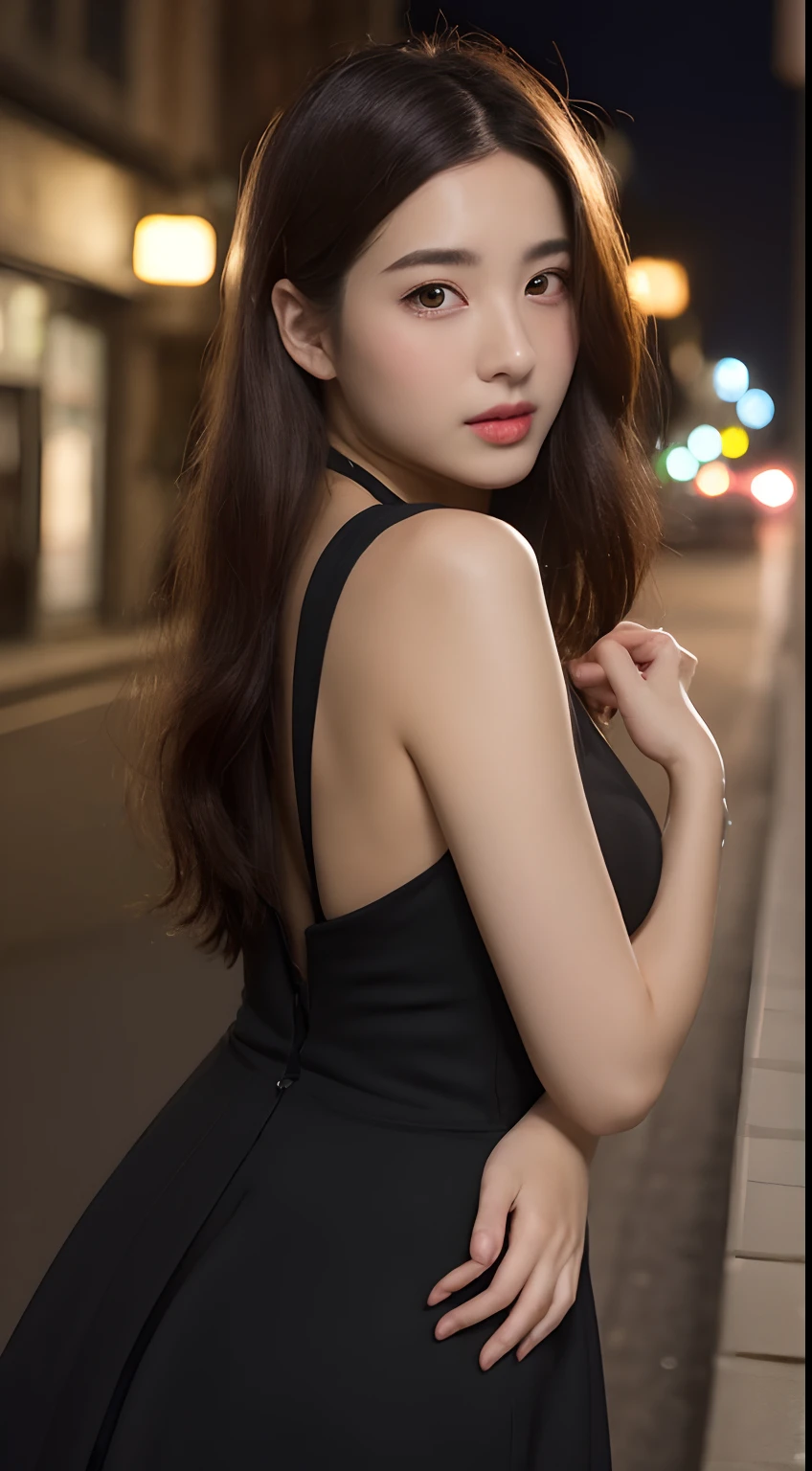 ((top-quality、8K、masterpiece、:1.3))、1girl in、Amazing beauty,full body Esbian、Slim Faces、Pretty women、(dark brown hair)、qipao dress:1.1、Super Detailed Face、detailedeyes、二重まぶた、blurry backround、Slim Faces、nighttime scene、appearance、Street、raw,Back,Walking,raw,Back,Colossal tits