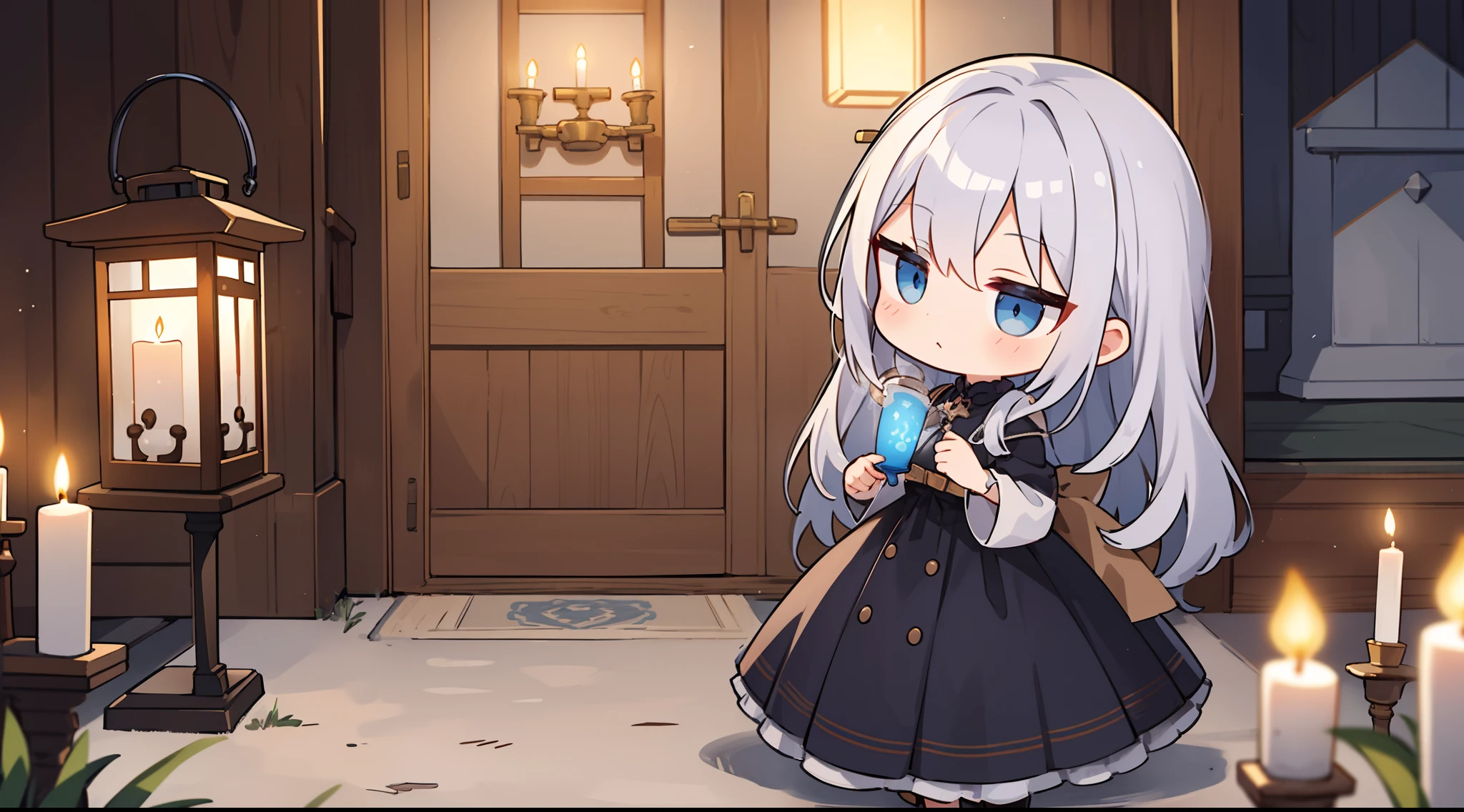 chibi,silber hair、Light blue eyes、Antique Western-style building、darkened room、Candle lantern in hand、exploring、