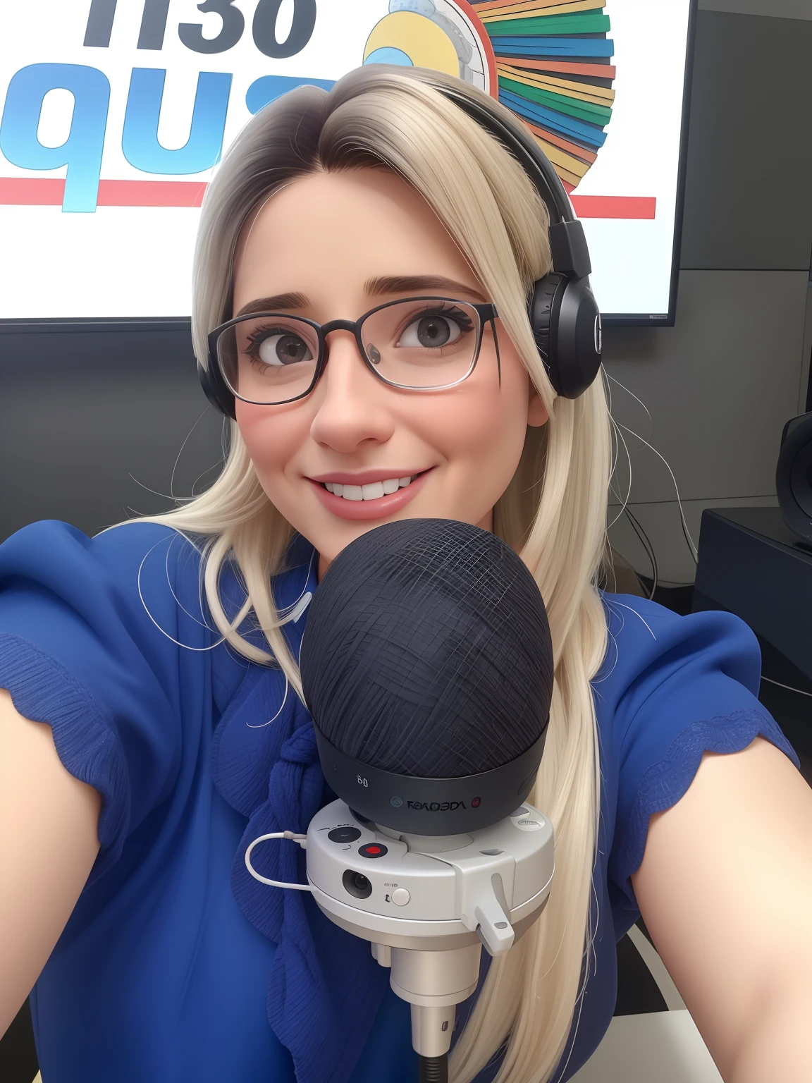 Uma mulher de 30 anos, com cabelos castanhos cumpridos, Rosto redondo, rosto redondo com sorriso encantador, e olhos castanhos, wearing glasses. TV presenter looking at the camera e falando num microfone de podcast