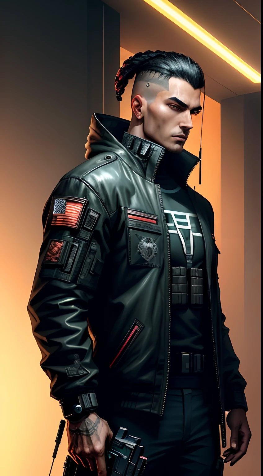 A man with a gun in his hand, Cyberpunk Soldier, Soldier of Science Fiction, dark cyberpunk illustration, futuristic soldier, Epic sci-fi character art, Epic sci-fi character graphics, Cyberpunk character design, Epic sci-fi character art, cyberpunk character art, cyberpunk artstyle, advanced digital cyberpunk art, cyberpunk themed art, cyberpunk illustration, cyberpunk character