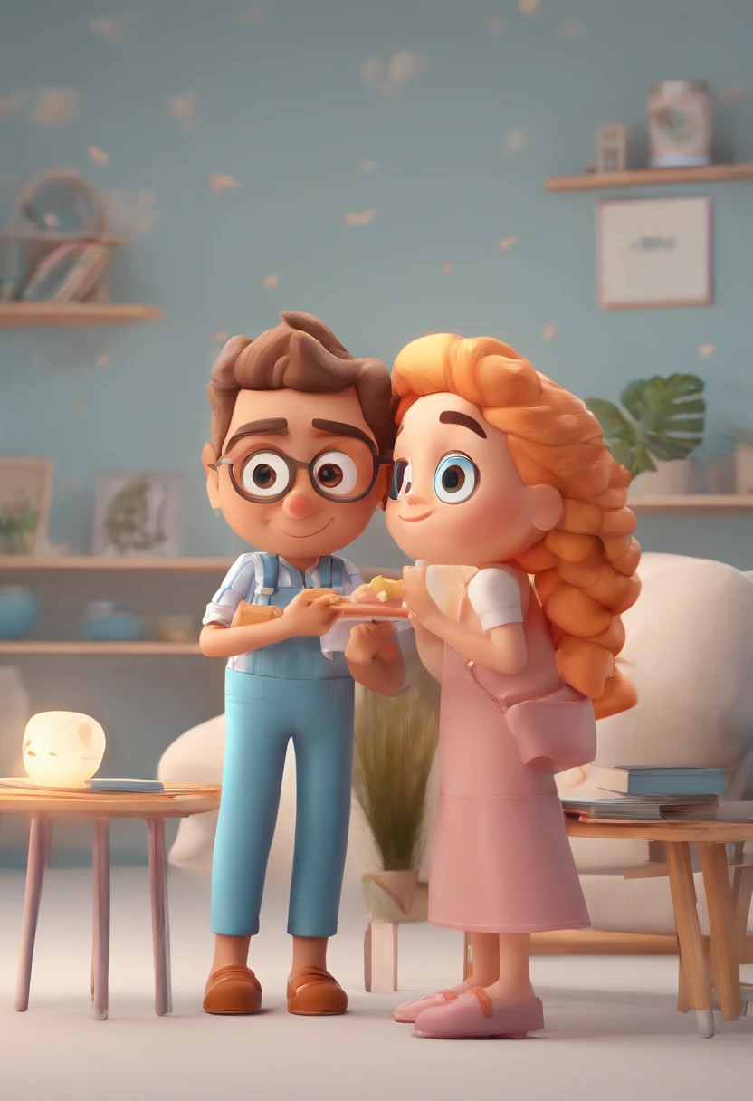 An illustration of an adorable couple, Destacando um homem e uma mulher com beleza, Expressive eyes – the man's hair is bald and brown and he has a full beard, While the woman's hair is tied up in a bun and blonde. They are a bright space, Todos com um sorriso no rosto, e compartilhe um momento especial, That is marked by love, viagem, and pedagogical insights. Ilustre esta cena a partir de uma perspectiva, where they're facing away from the camera, Show Your Connection. Desenvolva esta arte em Full HD, Focus on your cinematic touch, Estilo Disney Pixar Animations