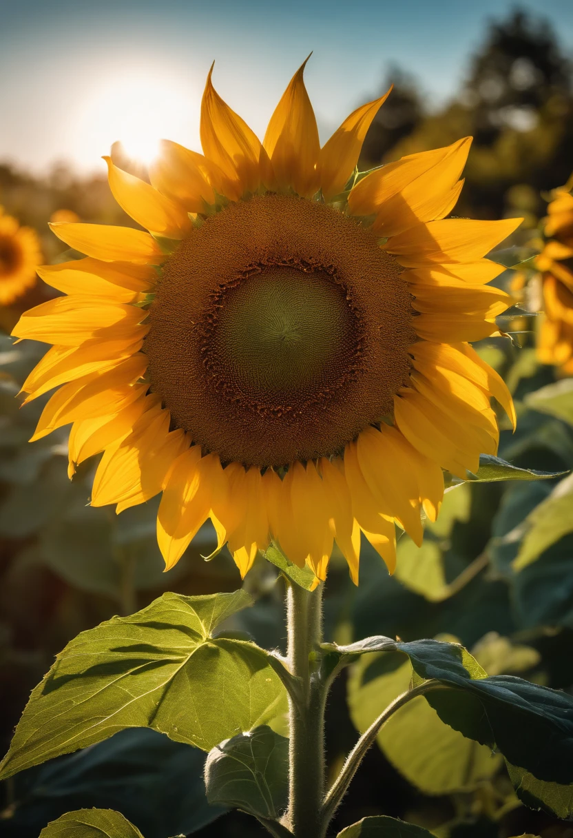 (best quality), (8k), (Qualidade Superior), (foto real), (Realistic photo), Sunflower Garden, blue skies, rainbow and sun shining.