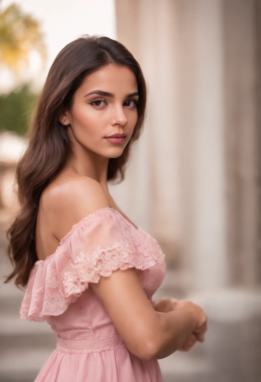 Petite Brazilian babe outside in a pink dress