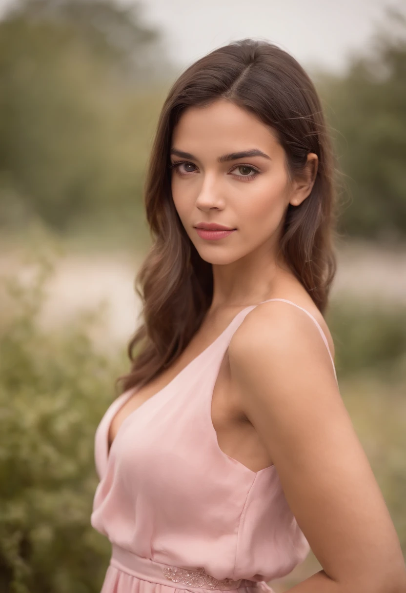 Petite Brazilian babe outside in a pink dress