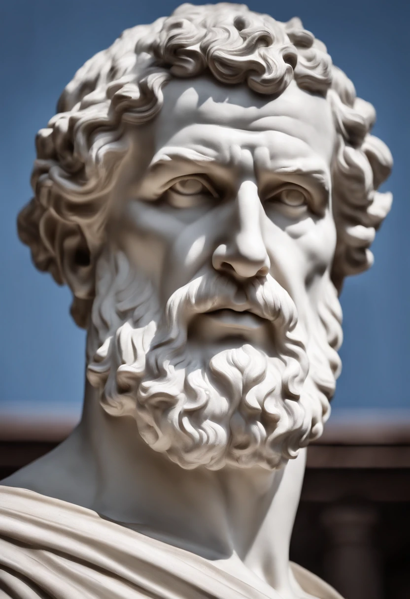"Greek stoic statue man with a strong and robust body, similar to the ancient statue of the philosopher Seneca, White and silver statue, Statue of white and silver eyes."