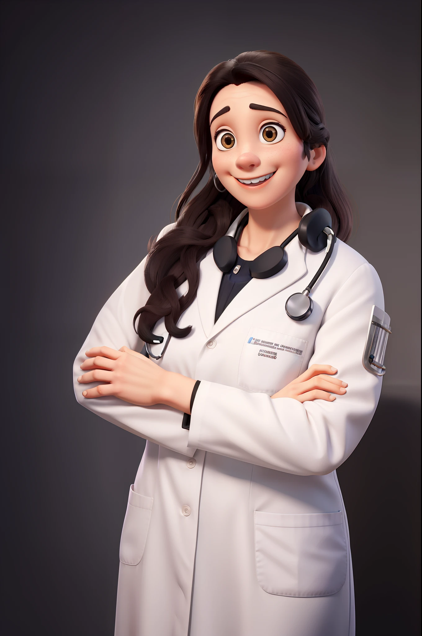 Female doctor wearing white lab coat with black stethoscope, cabelos pretos ondulados, sorrindo, maquiagem leve, fundo cinza, disney pixar, alta qualidade, melhor qualidade