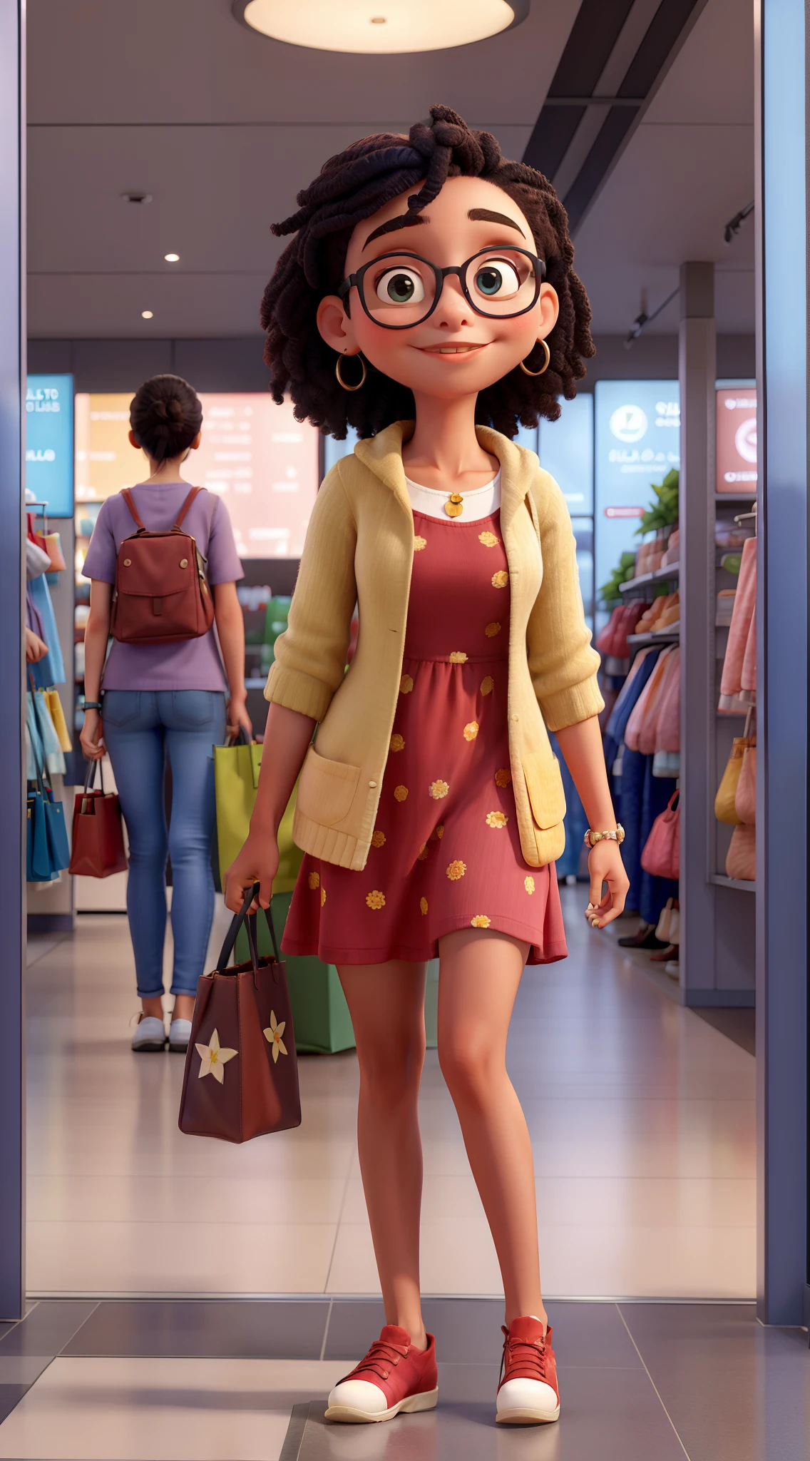  no shopping com muitas bolsas de lojas de roupa, salto alto, vestido rosa, cabelo loiro e olho azul