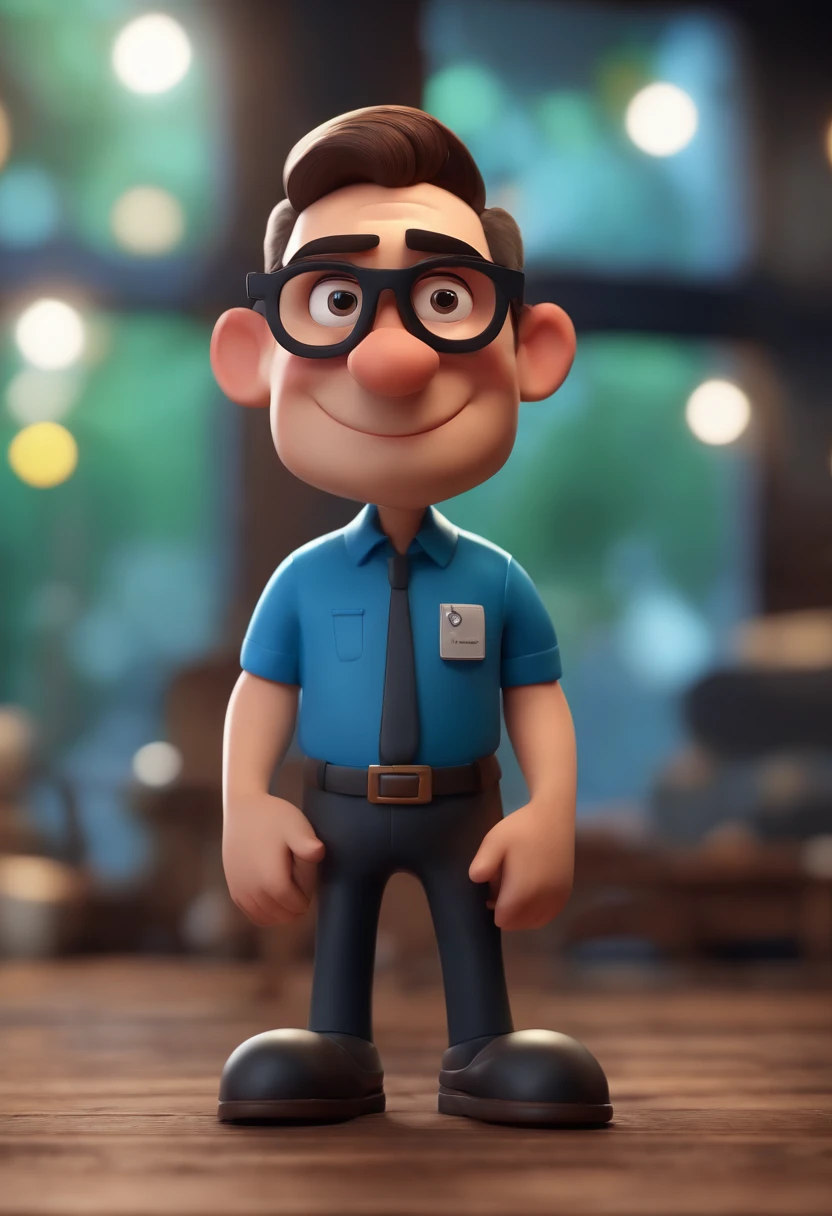 Cartoon character of a man wearing black glasses and a blue shirt, um personagem animado, Caractere estilizado, animation style rendering, 3D estilizado, Arnold Maya render, 3 d render stylized, toon render keyshot, Personagem 3D, Personagem 3D, 3d rendering stylized, 3 d character render, personagem de desenho animado, Personagem de close up, Pose de personagem, (Estilo Pixar) (master part:1.2) (Bokeh) (best quality) (pele detalhada) (textura detalhada) (8k) (argila) (Cinematic lighting) (foco nítido,Senta e vaza a parte superior do corpo
