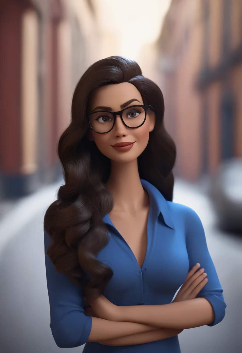 Cartoon character of a woman with black glasses and a blue blouse, cabelos curto pretos  1.Animation Character of 1.60 cm de altura, Caractere estilizado, animation style rendering, 3D estilizado, Arnold Maya render, 3 d render stylized, toon render keyshot, Personagem 3D, Personagem 3D, 3d rendering stylized, 3 d character render, personagem de desenho animado, Personagem de close up, Pose de personagem,  (Estilo Pixar) (master part:1.2) (Bokeh) (best quality) (pele detalhada) (textura detalhada) (8k) (argila) (Cinematic lighting) (foco nítido