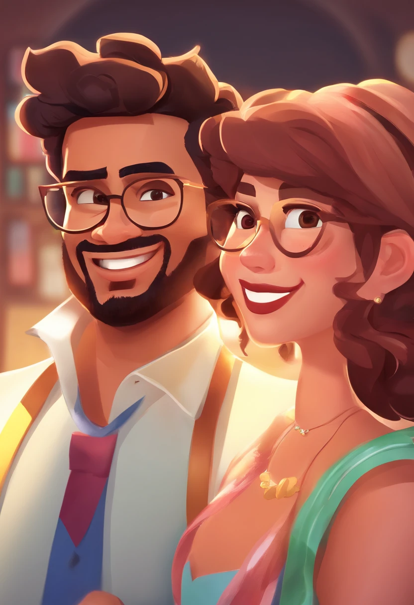 An illustration of an adorable couple, Highlight for a chubby mulatto man with glasses smiling and a brunette woman with beautiful expressive eyes - the man's skin is mulatto and the man's hair haswhile the woman's skin is black and the woman's hair is straight and brown. They are a bright room, cada um com um sorriso no rosto, e compartilhar um momento especial caracterizado pelo amor, Insights. Illustrate this scene from a perspective where they are facing the camera, Smiling and Showing Your Connection. Desenvolva esta arte em Full HD, Focus on your cinematic touch, Estilo Disney Pixar Animations
