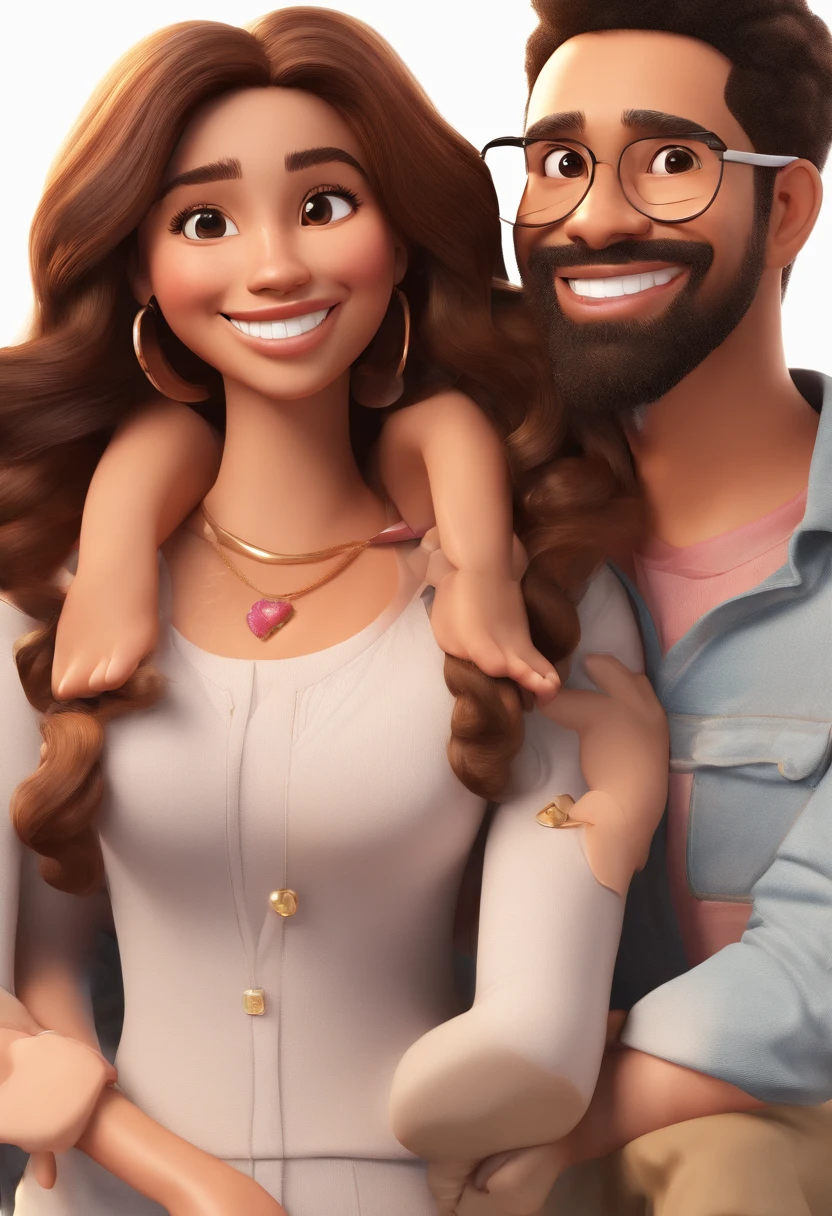 An illustration of an adorable couple, Highlight for a chubby mulatto man with glasses smiling and a brunette woman with beautiful expressive eyes - the man's skin is mulatto and the man's hair haswhile the woman's skin is black and the woman's hair is straight and brown. They are a bright room, cada um com um sorriso no rosto, e compartilhar um momento especial caracterizado pelo amor, Insights. Illustrate this scene from a perspective where they are facing the camera, Smiling and Showing Your Connection. Desenvolva esta arte em Full HD, Focus on your cinematic touch, Estilo Disney Pixar Animations