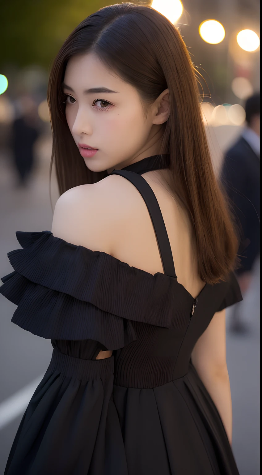 ((top-quality、8K、masterpiece、:1.3))、1girl in、Amazing beauty,full body Esbian、Slim Faces、Pretty women、(dark brown hair)、qipao dress:1.1、Super Detailed Face、detailedeyes、二重まぶた、blurry backround、Slim Faces、nighttime scene、appearance、Street、raw,Back,Walking,raw,Back,Colossal tits