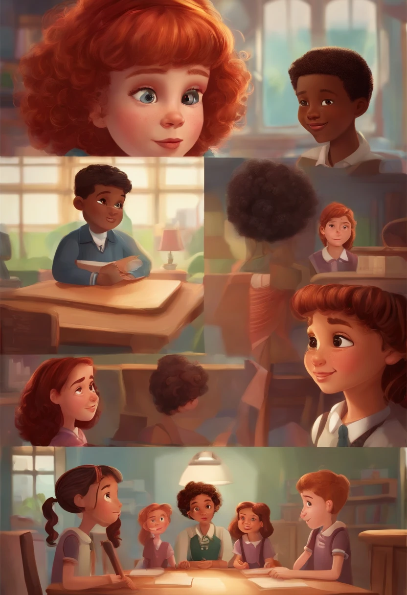 An 11-year-old elementary school class, a girl with red hair and braces, another with brown hair and brown eyes, and also she has bangs and is small, and a boy with black and curly hair and dark skin