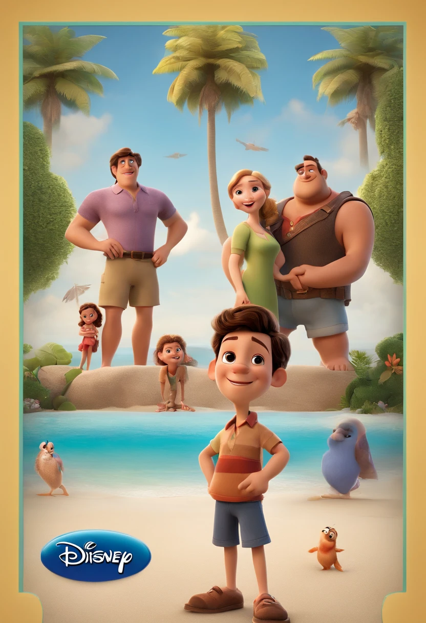 a poster from the Disney Pixar movie showing a family with 3 white-skinned people. The father is the tallest, cabelos curtos e castanho. The mother has brown eyes and hair, shoulder-length and is slightly overweight. A menina tem 2 meses. The background is a beach garden. 3D-rendering