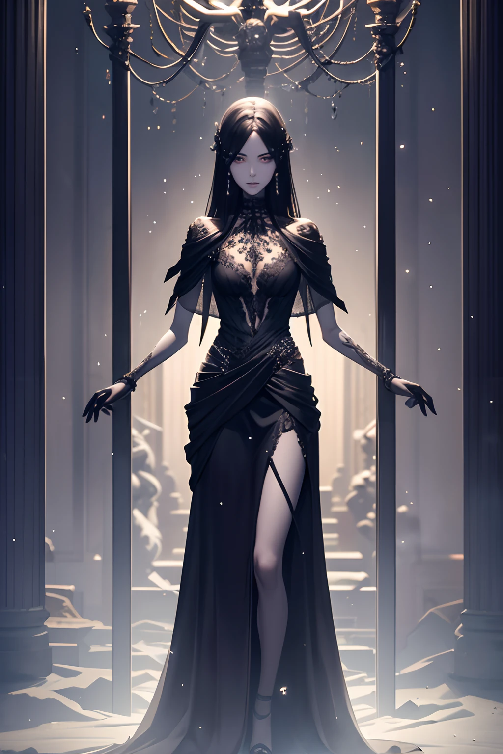 Skeleton figure, full body, black velvet dress, black sparkling diamonds, misty atmosphere, clouds, high quality, intricate details, shadows, death, earthy tones, dark magic,