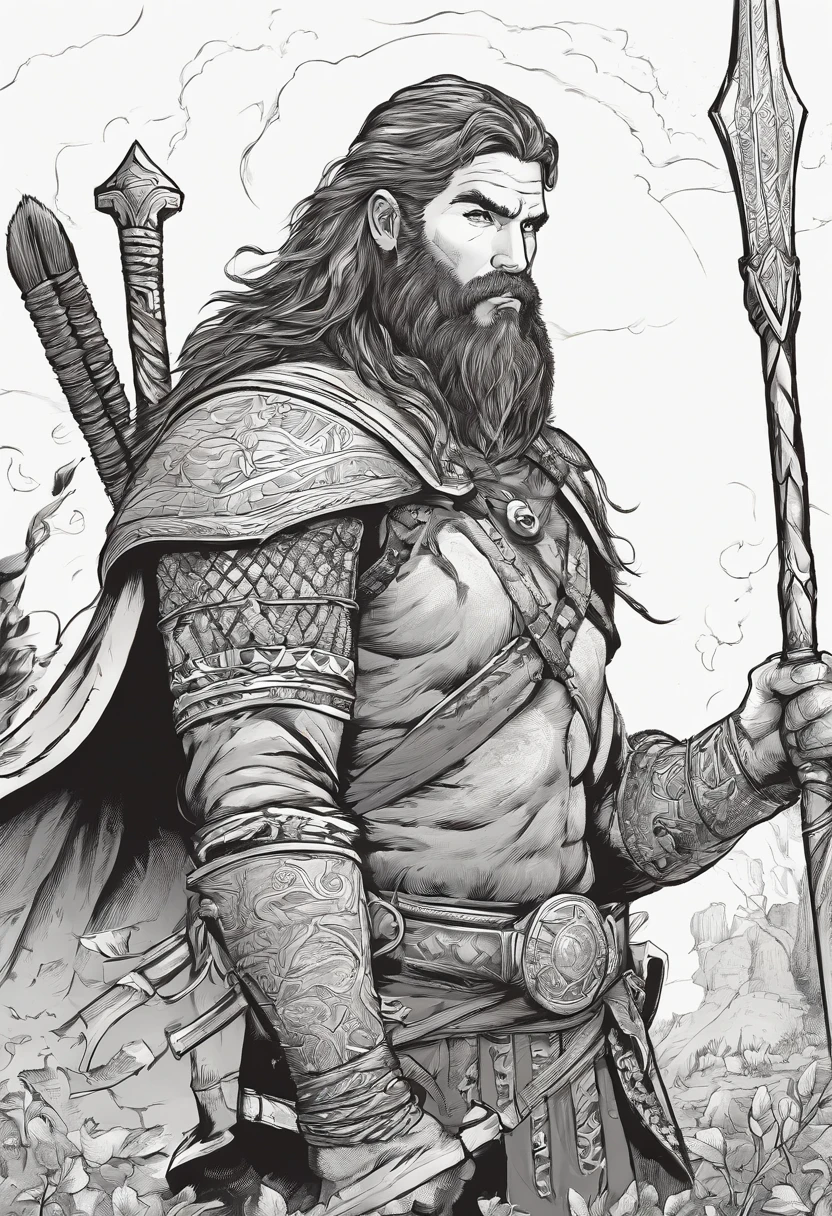 homem guerreiro, de perfil, with spear in hand, barba comprida, cabelo amarrado em um coque, viking, musculoso, alta qualidade, melhor qualidade, lineart
