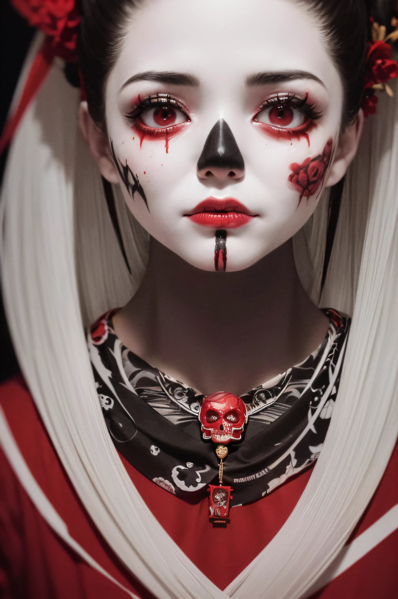 "(The best lighting, oscuro, dramatic),(feto calavera geisha escupiendo tinta roja, Cicatrices, sexy, cerebro, sangre, una rata dentro de la cabeza, terror.),(ojos rojos, calaveras). volumetric light.