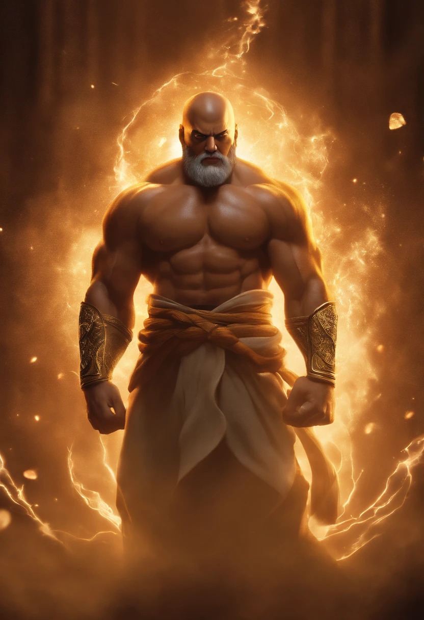 Portray Isaac Netero's appearance, Um velho de cabelos brancos, showcasing his muscular body that has been trained to the max and the overwhelming combat power he possesses. He is surrounded by a golden aura. His expression is calm and composed, But sometimes he casts a stern look. O efeito de sua habilidade, "Hyakushiki Kannon," it should be depicted by giving him the presence of a giant Buddha statue with numerous hands. The background should depict a wasteland with traces of battles. Use high-quality graphics to create an anime-like image that is vivid in color and rich in detail.