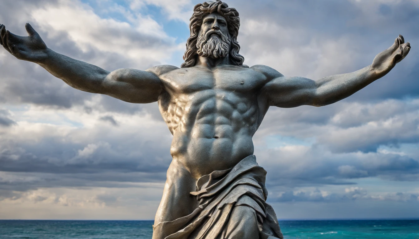 Statue Greek stoic man with a strong and robust body, similar to the ancient statue of Zeus, wet with water on the body, white and silver eyes, sea landscape background,
sea water splashing on the statue looking like it is wet, rain effect, rays passing behind the statue in various places in the photo