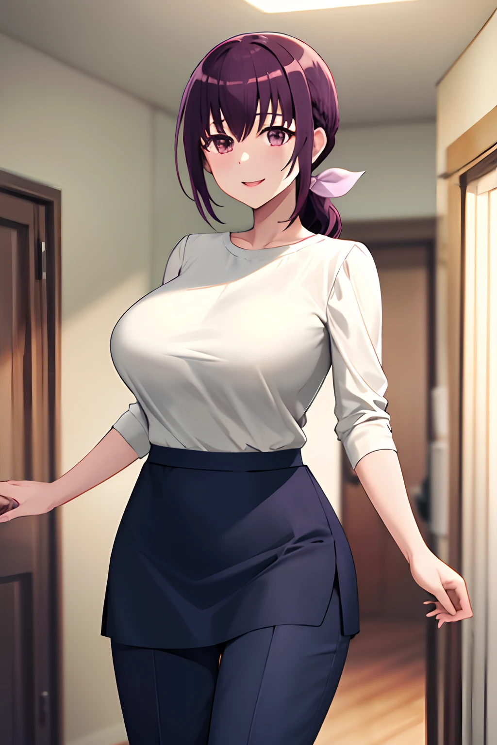 masterpiece, best quality, highres, hi1, purple hair,  purple eyes, large breasts, hair bow, skirt, pants, white shirt, cowboy shot, smile, indoors