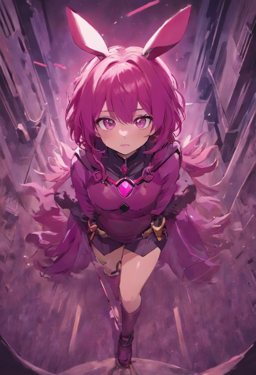 A fully armored female character with bunny ears, a cat tail, magenta hair, dark magenta eyes, brown skin, a large ragged cloth-like cape wrapped around her waist, chest armor, a gauntlet, a black long sleeve shirt under armor, and baggy puffy pants is crying and drooling on the ground, holding her private part after receiving a low blow.