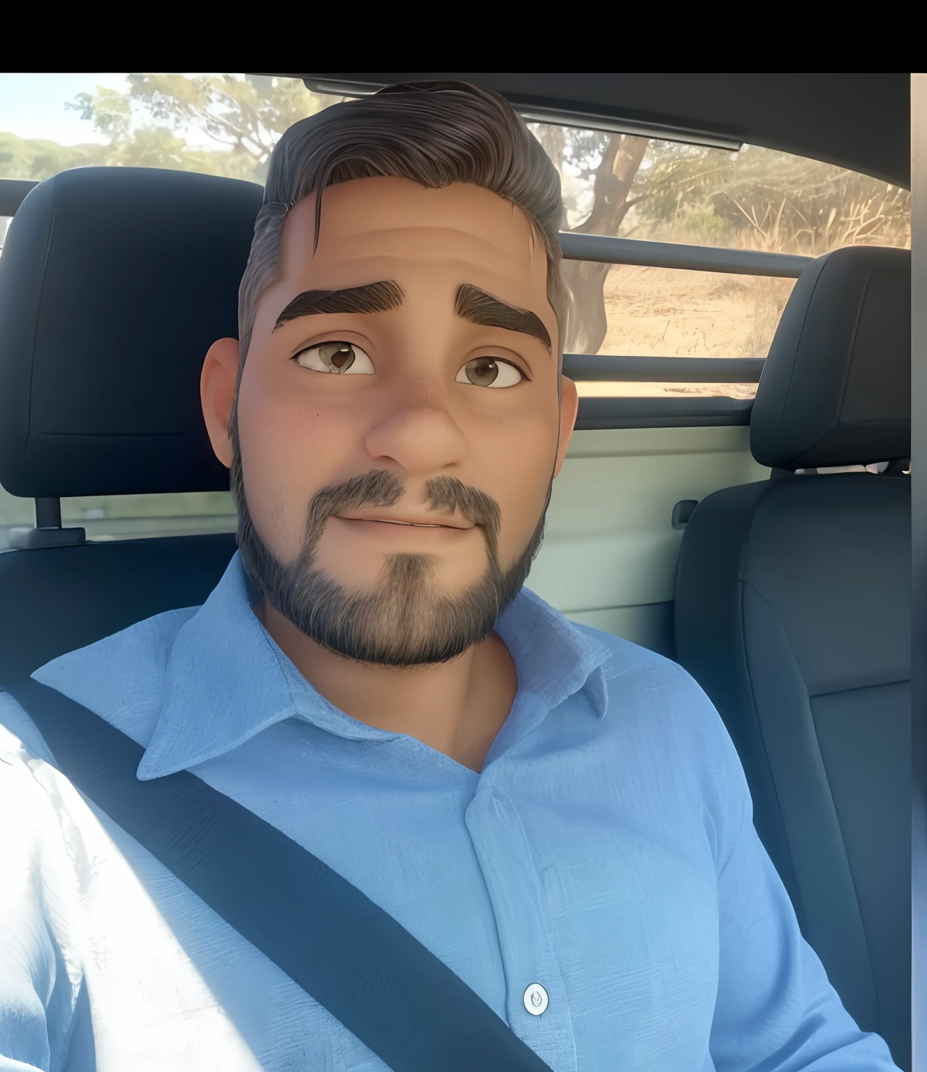 Agronomist, 29 anos, cabelo preto com fios brancos, barba preta e olhar confiante. Dirigindo sua caminhonete