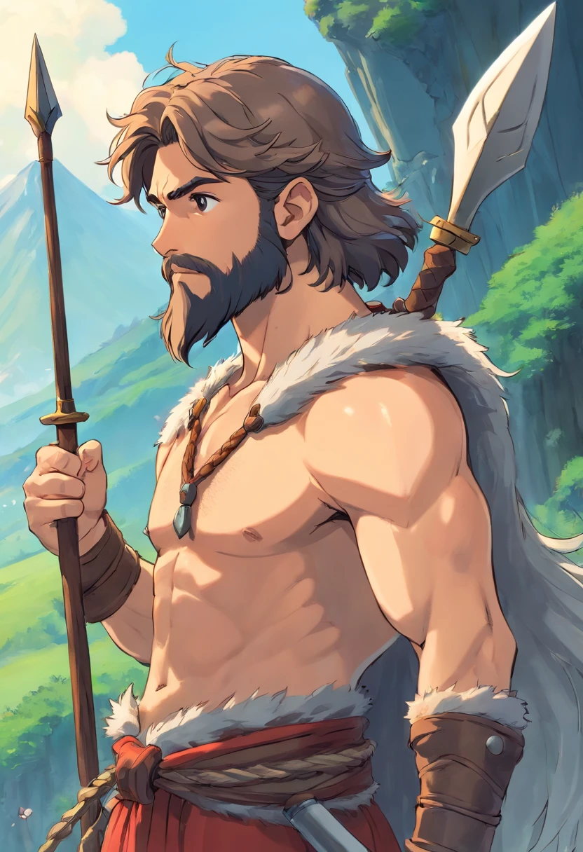homem guerreiro, de perfil, with spear in hand, barba comprida, cabelo amarrado em um coque, viking, musculoso, alta qualidade, melhor qualidade, lineart
