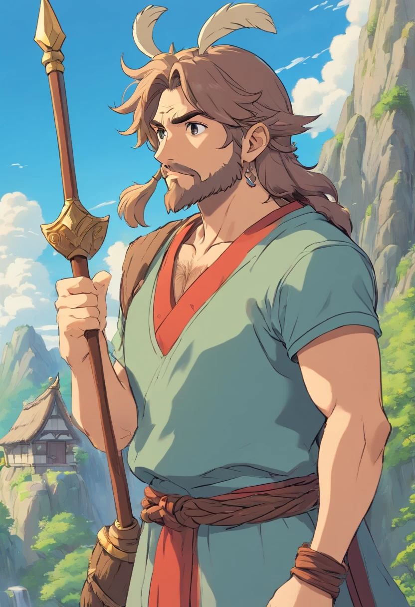 homem guerreiro, de perfil, with spear in hand, barba comprida, cabelo amarrado em um coque, viking, musculoso, alta qualidade, melhor qualidade, lineart