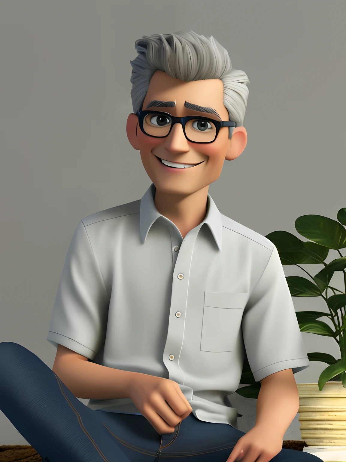 Pixarstyle A waist-length portrait of a gray-haired young man with jeans and dark shirt smile,with a dark Siamese cat on her lap, textura natural da pele, texturas 4k, hdr, intrincado, altamente detalhado, foco nítido, cinematic visual, hiperdetalhado