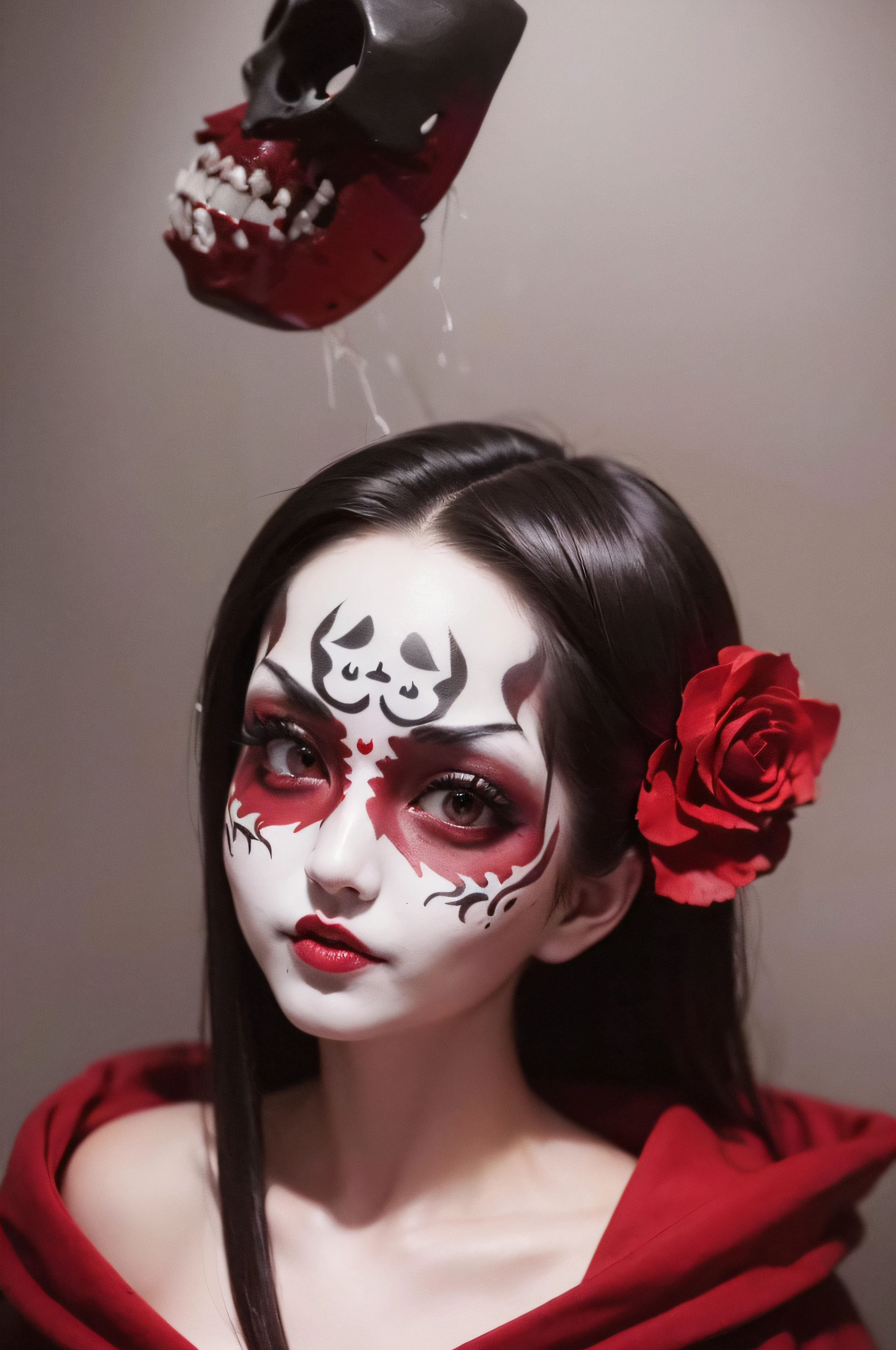 "(The best lighting, oscuro, dramatic),(feto calavera geisha escupiendo tinta roja, Cicatrices, sexy, cerebro, sangre, una rata dentro de la cabeza, terror.),(ojos rojos, calaveras). volumetric light.